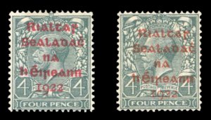 Ireland #10-10A Cat$96, 1922 4p slate green, overprinted in carmine and in re...