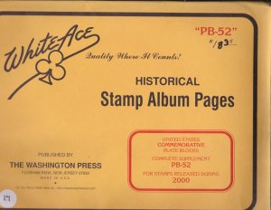 KAPPYSstamps WHITE ACE PLATE BLOCK PAGES SUPPLEMENT PB-52 FOR 2000 #27