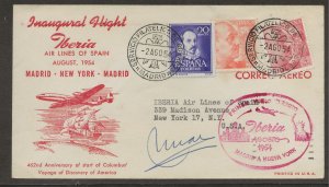 8/2/1954 cover Madrid Spain Inaugural Flight Iberia Airlines to NY Signed Pilot