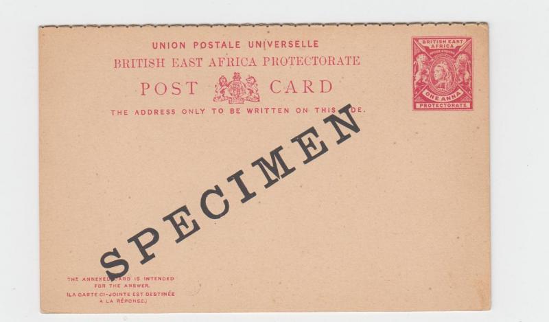 BRITISH EAST AFRICA, QV  1a SPECIMEN REPLY PAID CARD H&G#10 (SEE BELOW)