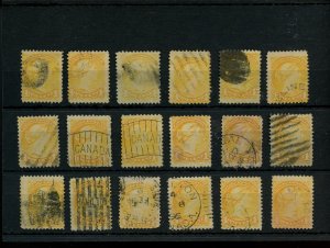 ?Various cancels on 18 x 3 cent SMALL QUEENS used Canada