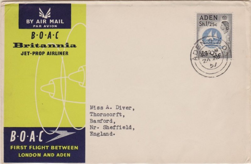 Aden 1/25 QEII Colony Badge 1957 Aden G.P.O. B.O.A.C. First Flight to London,...