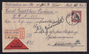German South West Africa 1912 Registered COD Cover OMARURU Violet Label