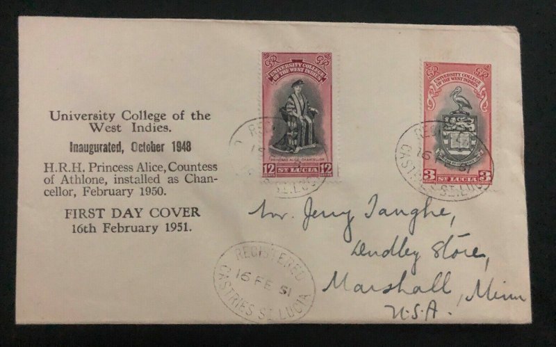 1951 Castries St Lucia First Day Cover FDC University College Inauguration Anniv