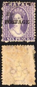 Natal SG83 6d Violet Wmk CC Opt POSTAGE (Davis) Cat 9 pounds