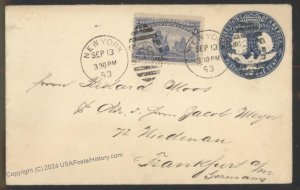 USA 1893 3c Columbian Upfranked Postal Stationery Frankfurt Germany Cover 112942