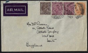 INDIA TO ENGLAND 1936 TRI COLOR FRANKING OF K GEORGE V ISSUES SECRATARIAT CANCEL