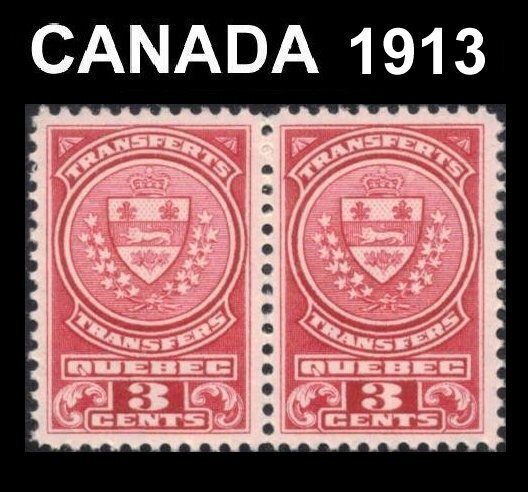 CANADA QUEBEC 1913 REVENUE STOCK TRANSFER TAX STAMPS VERY FINE PAIR 3c QST11 MNH