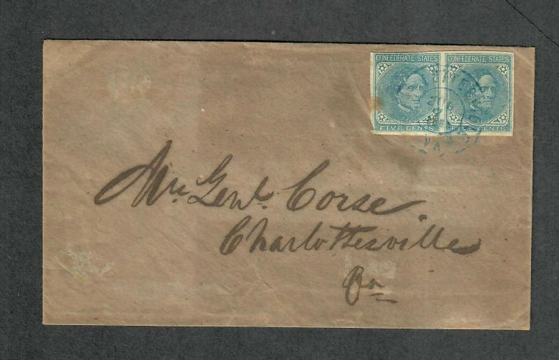 Charlottesville VA Cover Aug 7 1863 CSA Sc#7 Pair Overpaid Drop Letter