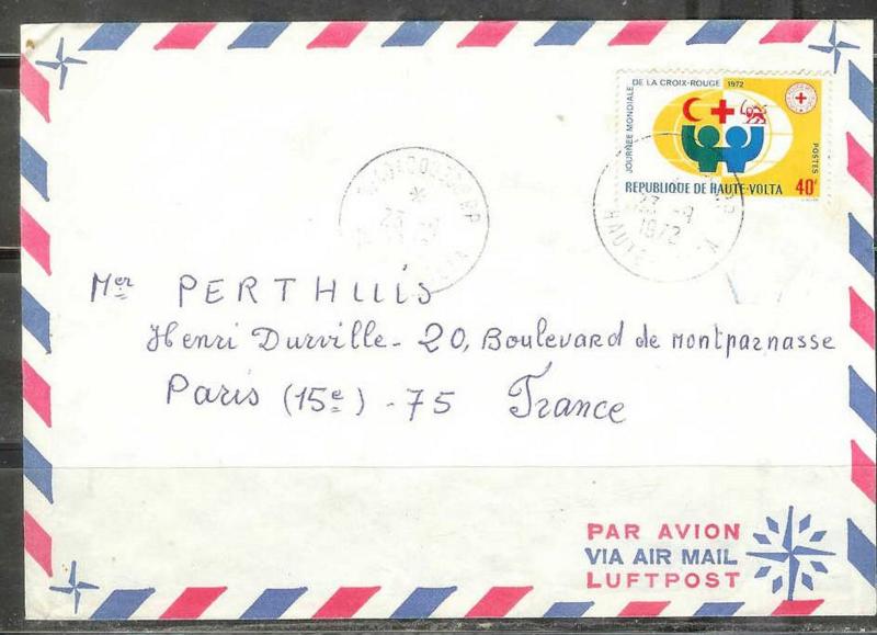 Upper Volta 1972, 40f Red Cross stamp used to France