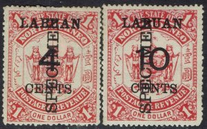 LABUAN 1895 ARMS 4C AND 10C ON $1 SPECIMEN