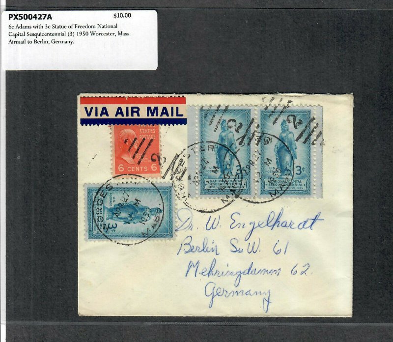 1950 Prexie Cover 6c Adams Worcester Mass Airmail