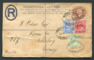 1906 Registered - Plymouth, Devon England to Germany - Multi-Color Franking