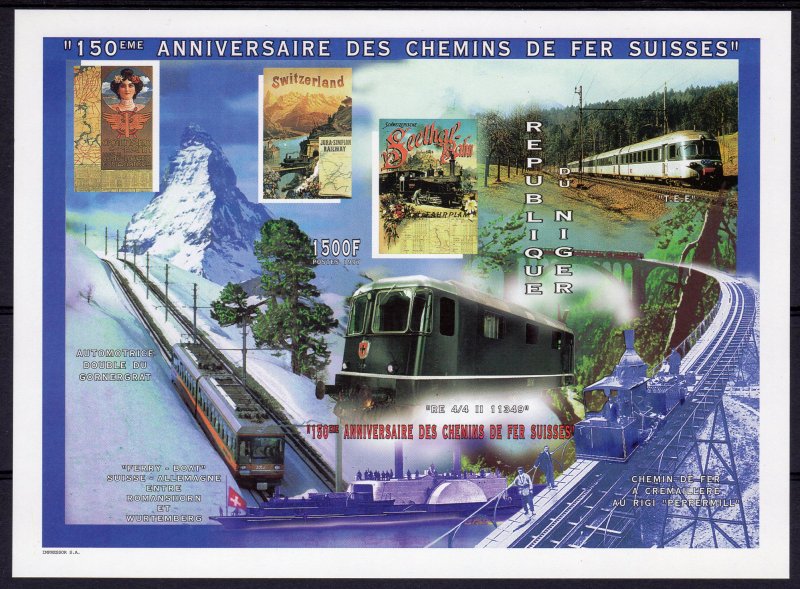 Niger 1997 Sc#961 Swiss Trains  Flags S/S (1) IMPERFORATED MNH