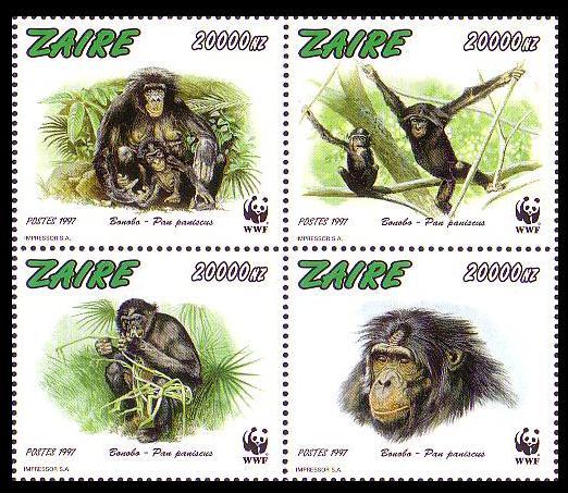 Zaire WWF Bonobo 4v in block 2*2 MI#1339-1342 SC#1466 a-d