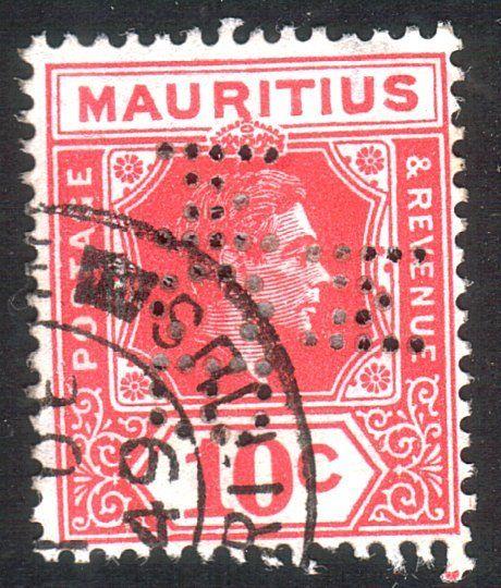 MAURITIUS GVI 10c used MCB/M PERFIN........................................13459