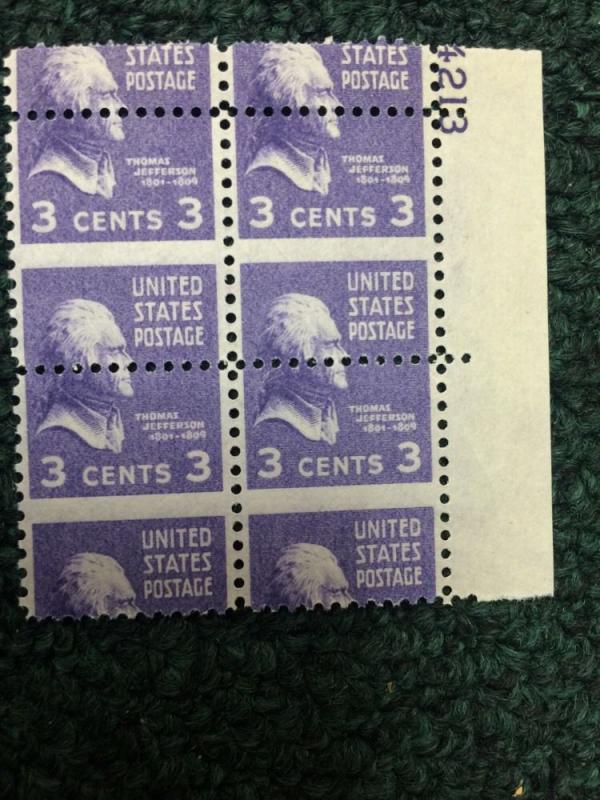 U.S. 807 3cent Prexi Plate Block Misperf. Mint NH. Very Cool