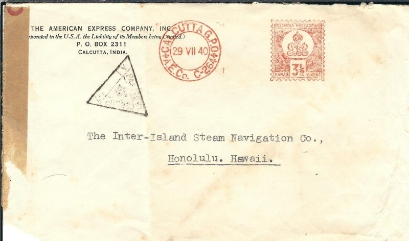 Calcutta, India to Honolulu, Hi 1940 Censored (C4602)