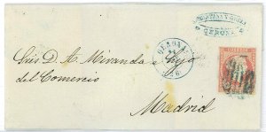 P0139 - SPAIN - POSTAL HISTORY - #48 on cover from GERONA 1858 Blue Grill-