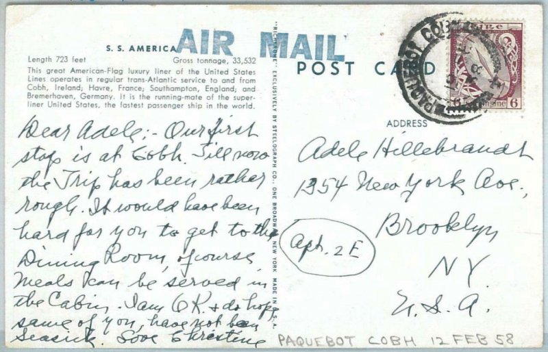 70872 - IRELAND  - Postal History - SHIP postcard with PAQUEBOT postmark 1959