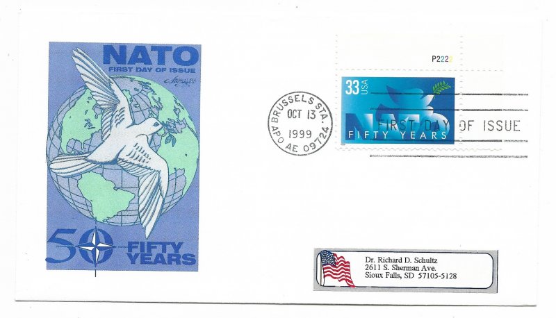 US 3354 33c NATO 50th Anniversary pl # single on FDC Artmaster Cachet ECV $7.00