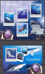 Mozambique 2014 Marine Life Sharks Sheet + S/S MNH