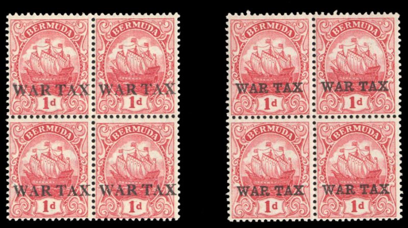 Bermuda #MR1-2 Cat$21+ (for hinged), 1918-20 War Tax, set different in blocks...