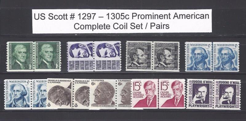 US Scott # 1297 - 1305c Prominent Americans Set of 9 Coil Pairs MNH Stamps