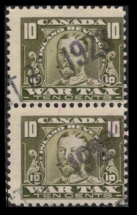 CANADA REVENUE 1920 10c #FWT13 USED PAIR WAR TAX STAMPS