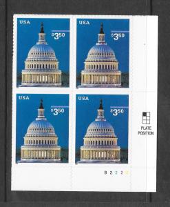 3472 MNH, $3.50, Capitol Dome, B.R. Plate Block, Free Insured Shipping