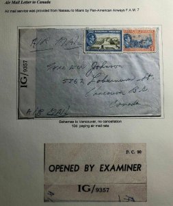 1940s Bahamas Censored Airmail Cover To Vancouver Canada No Cancellation