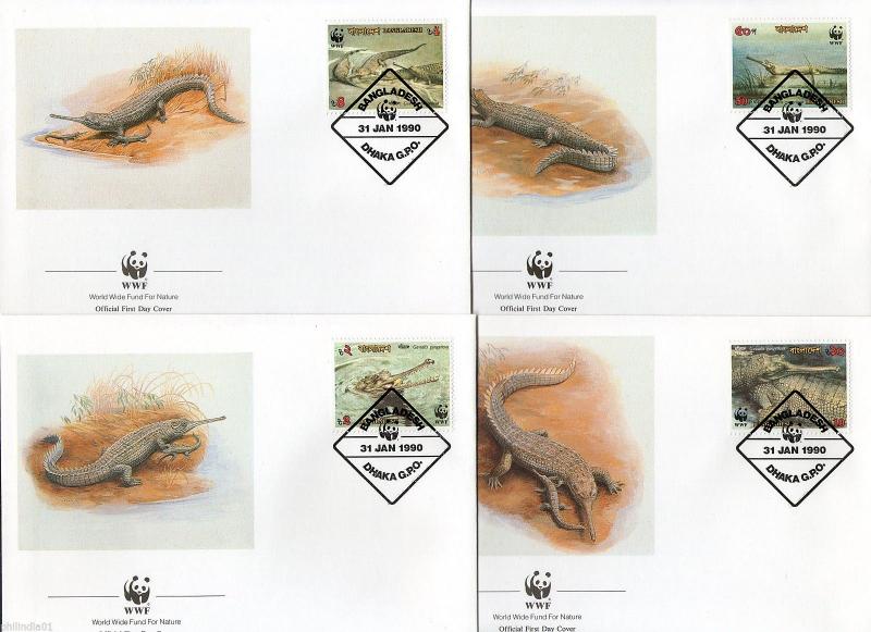 Bangladesh 1990 Gharial Reptiles Amphibians Fauna Sc 340-43 WWF FDCs # 110