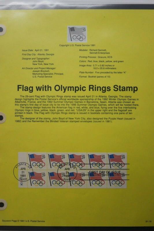 US sc#2528 FDC First Day Souvenir Page Olympic Rings Flag Booklet pane used 1991