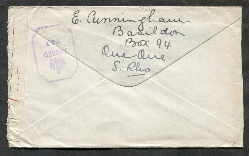 p433 - SOUTHERN RHODESIA 1942 CENSORED Cover to NEWFOUNDLAND