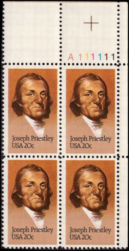 US #2038 JOSEPH PRIESTLEY MNH UR PLATE BLOCK #A111111 DURLAND $1.75