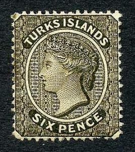 Turks and Caicos SG61 6d Olive-black wmk CC M/M Cat 160 pounds