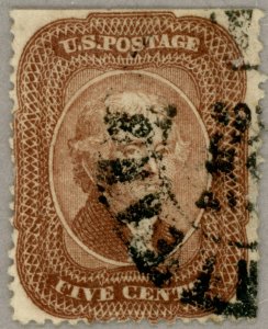 US Scott#28 red-brown 1857 5c Jefferson, town cancel