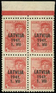 Latvia #1N14 German Occupation Russian Stamps Overprint Block 1941 WWII Mint NH
