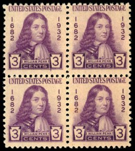 US Sc 724 MH/MNH BLOCK of 4 - 1932 3¢ - William Penn at Age 22 - See Desc