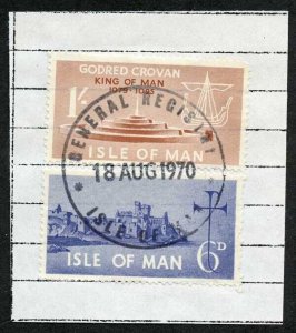 Isle of Man 1/- Brown and 6d Blue QEII Pictorial Revenues CDS On Piece