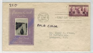 1939 PANAMA CANAL TEDDY ROOSEVELT FDC 856-22D IOOR COLOR VARIETY #4 Pale Lilac