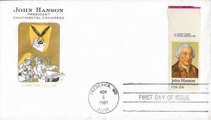 1981 FDC, #1941, 20c John Hanson, House of Farnam, top margin single