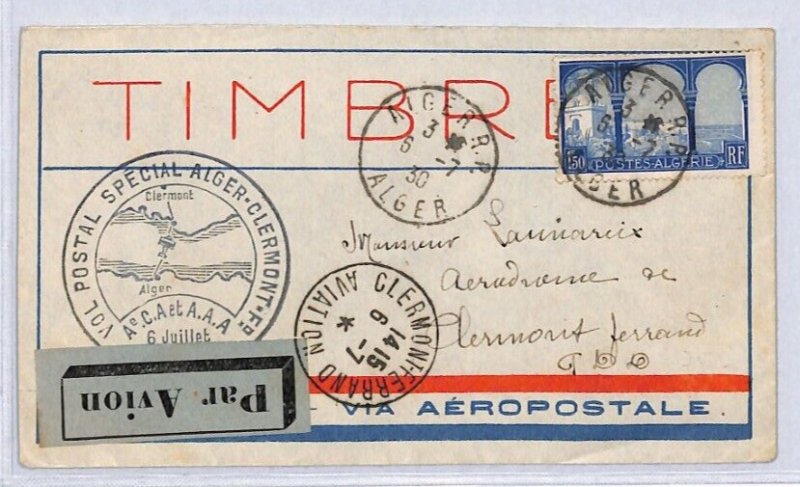 France ALGERIA Air Mail Cover AEROPOSTALE SPECIAL FLIGHT Clermont 1930 YF110