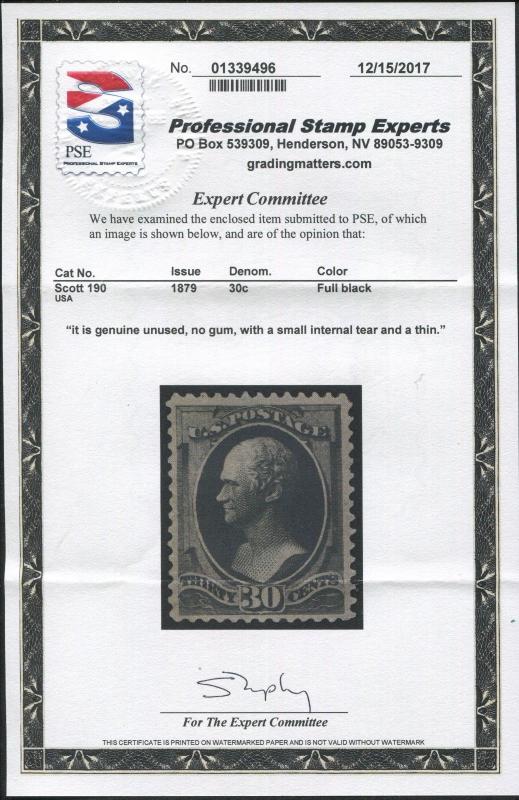 1881 US Stamp #190 30c Mint No Gum Perf 12 Catalogue Value $300 Certified
