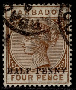 BARBADOS QV SG104a, ½d on 4d deep brown, FINE USED. Cat £40. NO HYPHEN