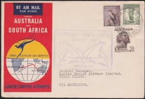 COCOS ISLAND 1952 Qantas flight cover to Mauritius - RAAF PO COCOS cds.....B4191