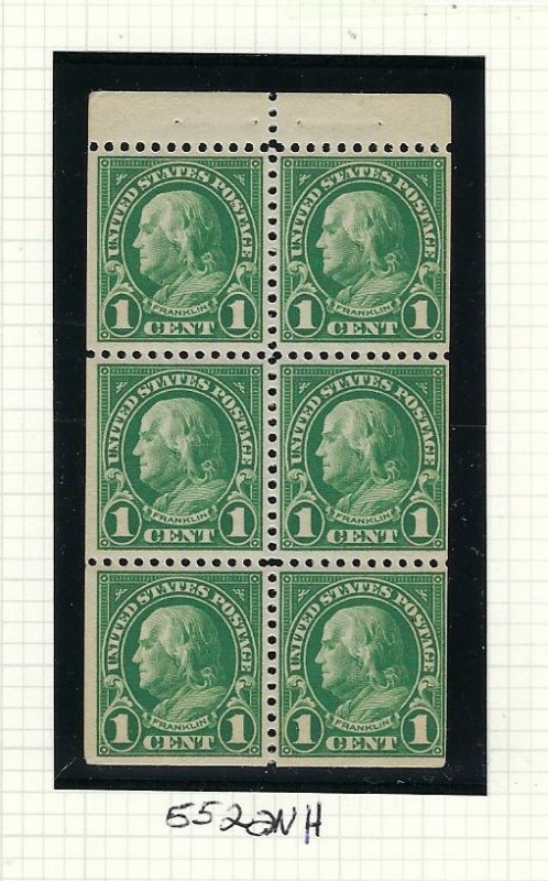 US #552A -1923 1 CENT BOOKLET PANE OF 6-PERF 11- UNWMK - MINT  NEVER HINGED