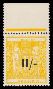 New Zealand 1940 KGVI Arms Fiscal 11/- on 11s Wmk Upright MNH. SG F215. 