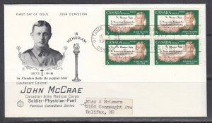 Canada Scott 487Blk 4 Rose Craft FDC - John McCrae