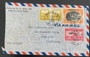 1937 Manila Philippines Airmail Cover To Palo alto CA USA via clipper